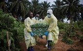 Health workers carry the coffin of an Ebola victim, North Kivu province, DRC, August 29, 2019.