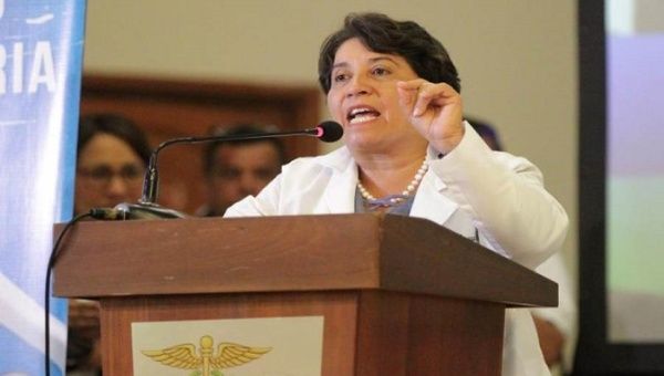 The president of the Honduran Medical College, Suyapa Figueroa, speaks during a meeting that tries to solve the problems of health and education in the country on June 16, 2020