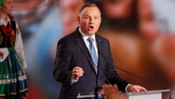 Polish president Andrzej Duda addressing supporters in Lowicz on Sunday as exit poll results were announced.