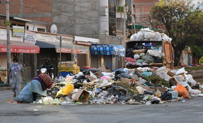 A blockade made with garbage on a street in K'ara K'ara, Cochabamba, Bolivia, May 16, 2020.
