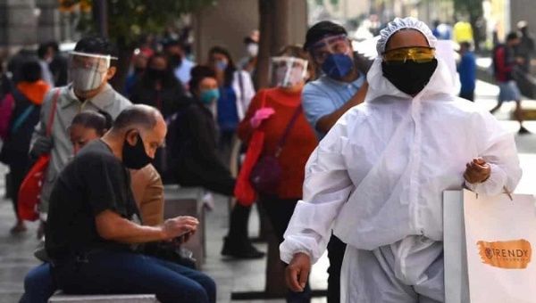 Citizen wears a high-security health suit while shopping in Mexico City, Mexico, July 12, 2020.