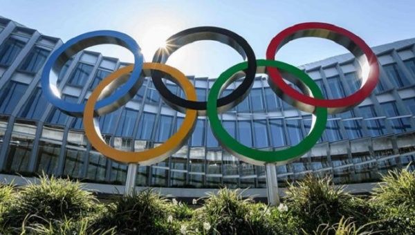 The Olympic Rings at the headquarters of the International Olympic Committee (IOC) in Lausanne, Switzerland.