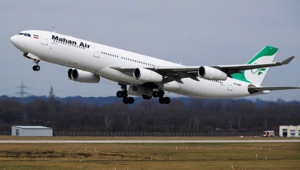 A Mahan Air airplane takes off from Tehran, Iran, on May 4, 2020. 