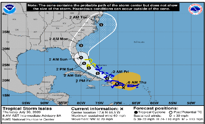 Coastal watches, warnings, and forecast cone for storm Isaias, July 30, 2020.