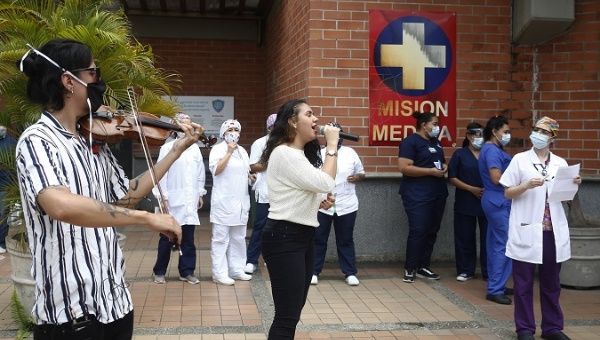 Musicians play for patients and staff of the Metrosalud Hospital in Medellin, Colombia. July 30, 2020.