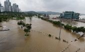  A view from the Jamsu Bridge of the Han River overflowing its banks in Seoul.