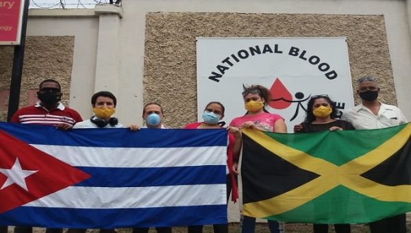Part of Cuban Medical Brigade before donating blood. Kingston, Jamaica. July, 2020.