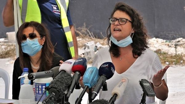 Sarah Jaafar speaks on behalf those injured in the explosion, Beirut, Lebanon, August 14, 2020.