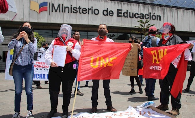 Teachers protesting against layoffs outside the Education Ministry, Quito, Ecuador, August 18, 2020.