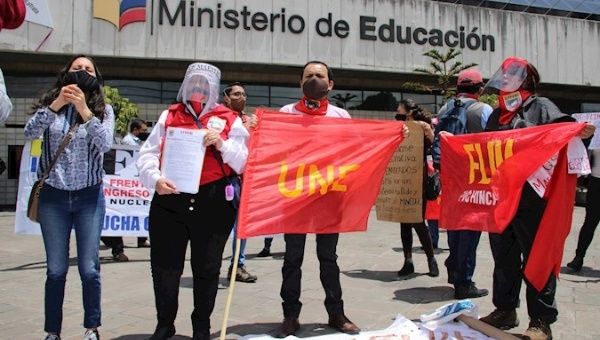 Teachers protesting against layoffs outside the Education Ministry, Quito, Ecuador, August 18, 2020.