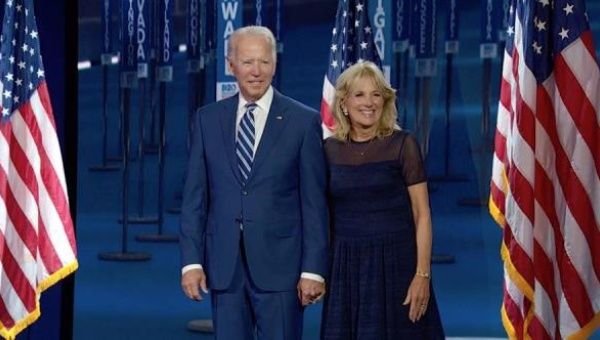 Former Vice President Joe Biden (L) and Dr. Jill Biden (R) onstage after Senator Kamala Harris spoke during the third night of the 2020 Democratic National Convention (DNC) in Milwaukee, Wisconsin, USA, 19 August 2020.