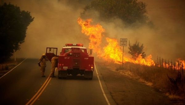 Firefighters try to extinguish the flames in California, U.S., August 19, 2020.