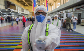 A health worker  on duty at the Simon Bolivar International Airport in , Caracas, Venezuela, March 30, 2020.