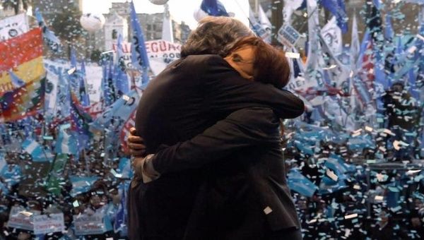 Alberto Fernandez and Cristina Fernandez-Kirchner embrace in Buenos Aires, Argentina, October 28, 2019