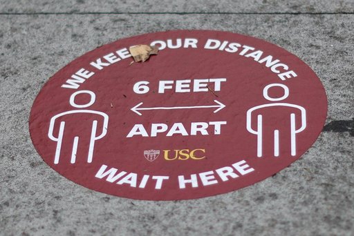 A social distancing marker at an empty University of Southern California (USC) campus, amidst an outbreak of COVID-19 in Los Angeles, California, U.S., August 17, 2020.