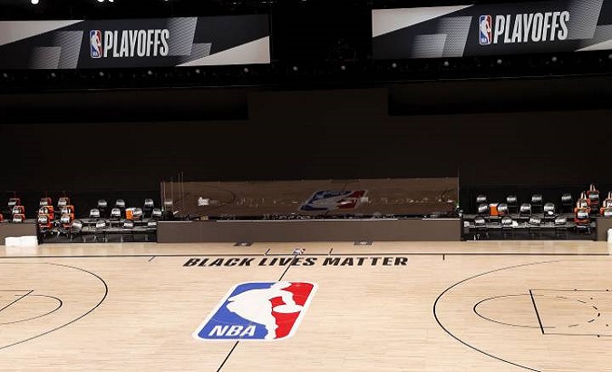 The Black Lives Matters slogan can be read on an empty court in Los Angeles, California, U.S., August 27, 2020.