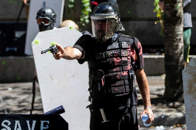 Proud Boy Alan Swinney, who admittedly helped plot attacks at rallies on the East Coast, pulled a gun on protesters over the weekend. Portland, Oregon, USA. August 22, 2020.
