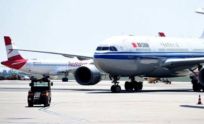 Air China flight CA841 from Beijing lands at Vienna International Airport, Austria, Aug. 8, 2020.