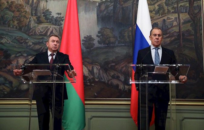 Russian Foreign Minister Sergei Lavrov (R) and Belarusian Foreign Minister Vladimir Makei (L) attend a briefing after their talks in Moscow, Russia. September 02, 2020.