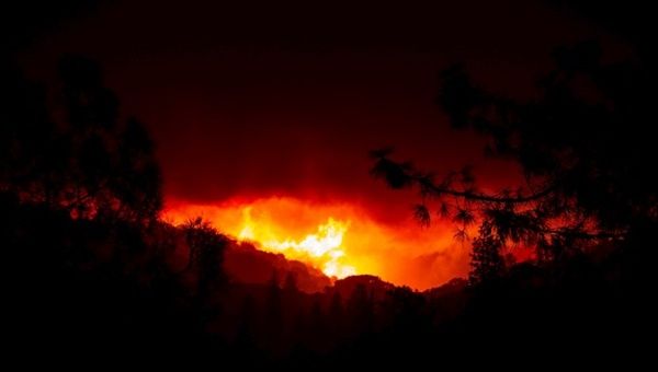 The Creek Fire burns the forest over a ridge near Shaver Lake in the Sierra National Forest, California, USA. According to reports, the Creek Fire has burnt over 135,000 acres of forest. September 08, 2020.
