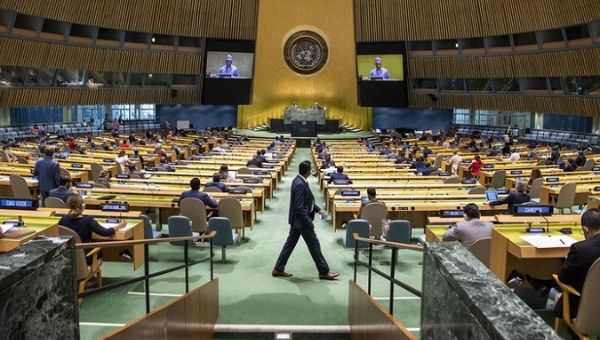 Image of the session room of the UN General Assembly, New York, U.S., 2020.