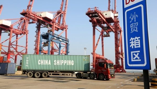 A truck at a container terminal at Lianyungang port, China, Sept. 7, 2020.