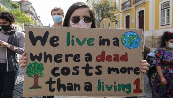 Global Climate Demonstration organized by the Save the Climate movement, following the international initiative led by Swedish activist Greta Thunberg to demand environmental measures in defense of the planet, in Lisbon, Portugal,  September 25, 2020.