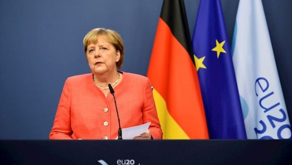 Germany's Chancellor Angela Merkel attends a news conference during the second face-to-face EU summit since the COVID-19 outbreak, in Brussels, Belgium. October 02, 2020. 