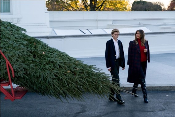 U.S. First Lady Melania Trump and her son Barron Trump receive the official White House Christmas Tree at the North Portico of the White House in Washington D.C. Nov. 20, 2017.