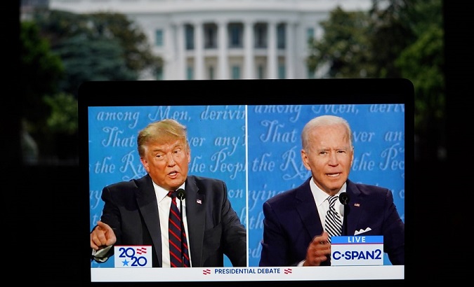 President Donald Trump (L) and Democratic candidate Joe Biden during their first debate, Arlington, U.S., Sept. 29, 2020.