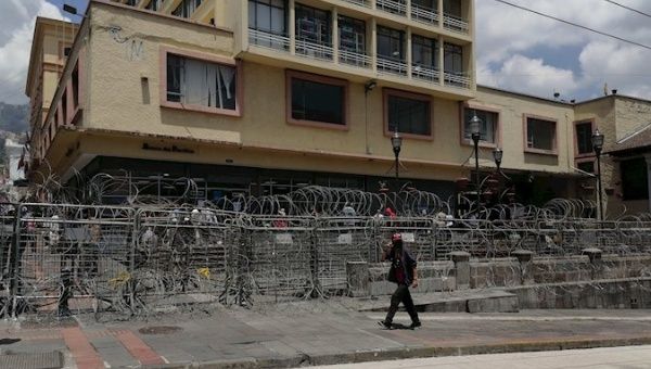 Street leading to the Presidential Palace is blocked with fences and wires. Quito, Ecuador, Oct. 21, 2020.
