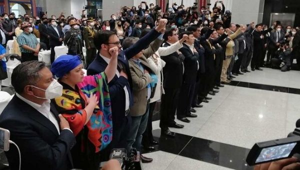 The new members of Luis Arce's cabinet take oath at his swear-in ceremony in La Paz, Bolivia. November 8, 2020.
