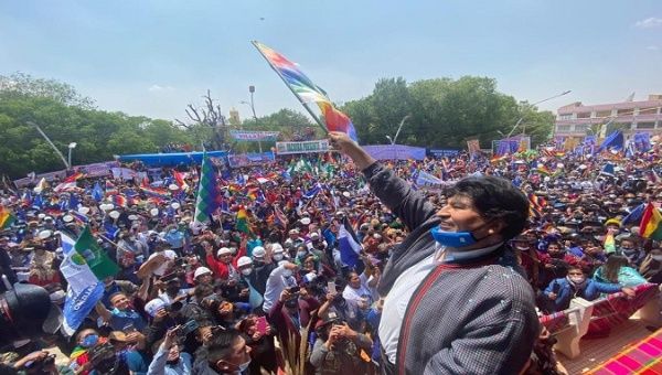 Bolivia's Former President Evo Morales greets thousands of people gathered on the occasion of his return to the country, Nov. 9, 2020