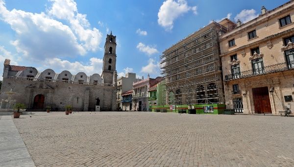 View of San Francisco de Asis square in Old Havana almost deserted in March 2020 during the lockdown.