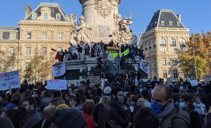 Gathering for civil liberties and against police violence, Paris, France, Nov. 28, 2020.