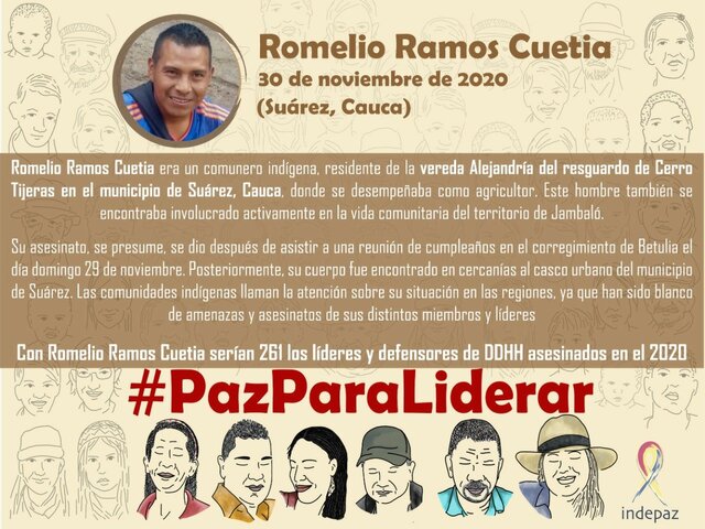 With Romelio, 261 leaders and human rights defenders have been murdered in 2020, which has been widely noted, not only by social organizations in Cauca, but also by the Colombian Ombudsman's Office.