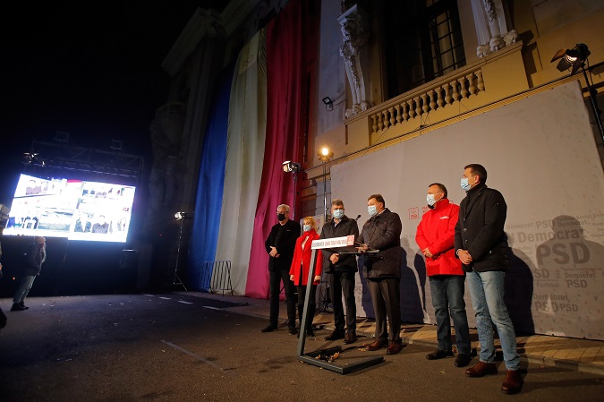 Leaders of Social Democracy Party (PSD) address to the media after first exit-polls results were announced, at the PSD headquarters, during the parliamentary elections in Bucharest, Romania, 06 December 2020.