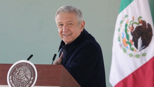 Mexican president Andrés Manuel López Obrador during a press conference, in the municipality of Bavispe, in Sonora, Mexico.