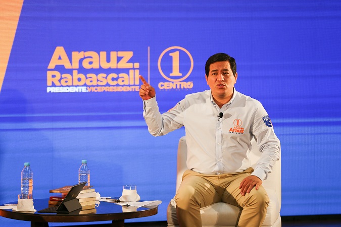 Ecuador's presidential candidate, Andrés Arauz, speaks during a meeting with journalists in Quito and asked for 