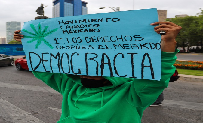 An activist mobilized for the legalization of cannabis, Mexico City, Mexico, Nov. 18, 2020. The sign reads, 