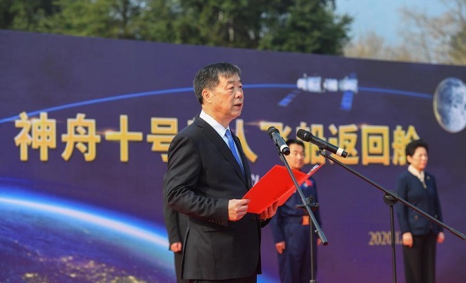 Zhou Jianping attends a ceremony for the return capsule of the Shenzhou-10 manned spacecraft in Shaoshan, China, Dec. 25, 2020.