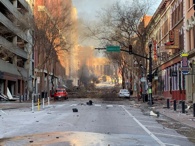 A handout photo made available by the Nashville Police Department shows damage from an explosion that officials believe was an intentional act in Nashville, Tennessee, USA, 25 December 2020.