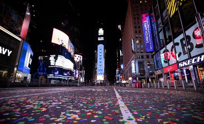 Confetti is seen on Times Square after the New Year celebration, New York, U.S., Jan. 1, 2021