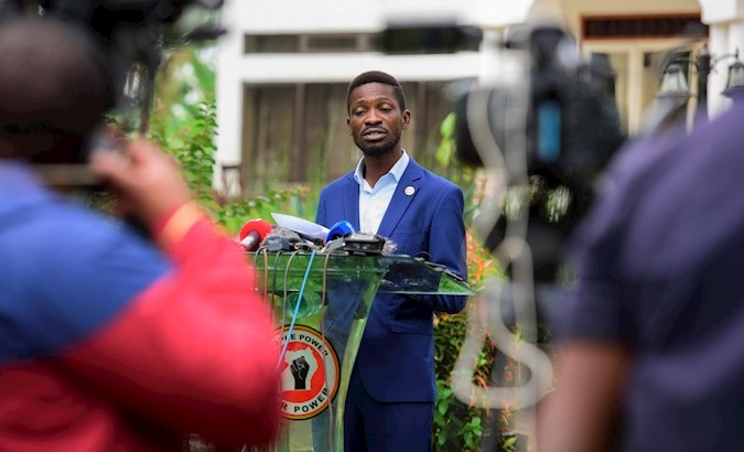 Presidential candidate Bobi Wine at a press conference the day after elections, Kampala, Uganda, Jan. 15, 2021.
