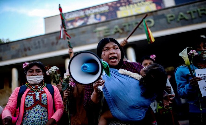 Indigenous women perform a protest, Colombia. Jun. 30, 2020.