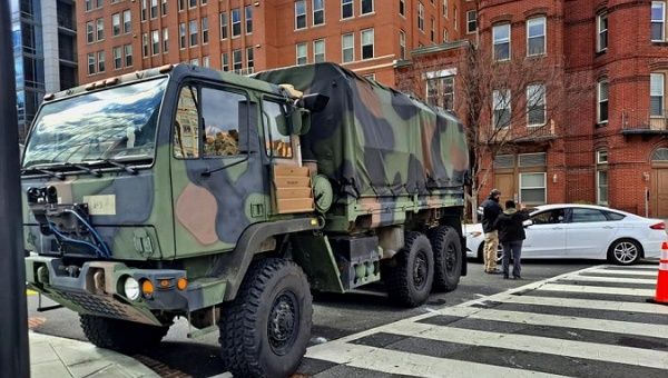 Military truck blocking a street just a few blocks from Capitol Hill, Washington DC, U.S., Jan. 20, 2021.