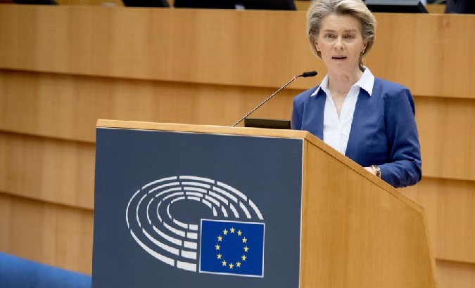 EC President Ursula von der Leyen delivers a speech during a plenary session of the European Parliament in Brussels, Belgium, Jan. 20, 2021.