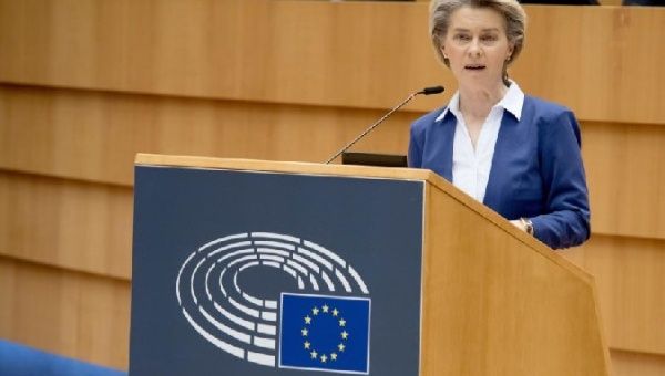 EC President Ursula von der Leyen delivers a speech during a plenary session of the European Parliament in Brussels, Belgium, Jan. 20, 2021. 