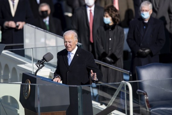 U.S. President Joe Biden delivers his inaugural address after he was sworn in as the 46th President of the United States in Washington, D.C., the United States, on Jan. 20, 2021.