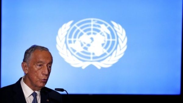 Photo taken on Dec. 14, 2020 shows Portuguese President Marcelo Rebelo de Sousa delivers a speech during a ceremony marking the 75th anniversary of the United Nations